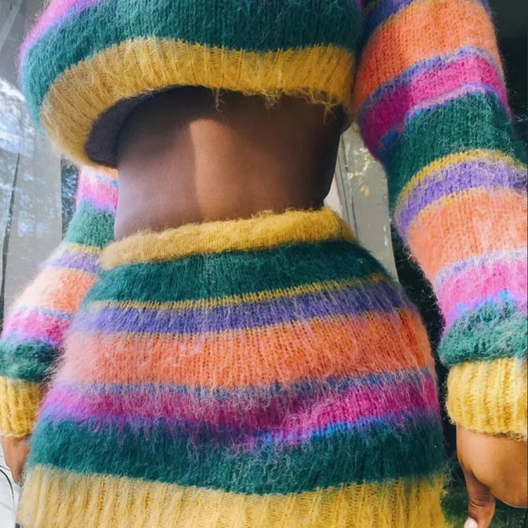 Weird Puss Fall Knit Women 2 Piece Set Tracksuit Casual Colorful Sweater Long Sleeve Crop Tops+Mini Skirts Matching Streetwear