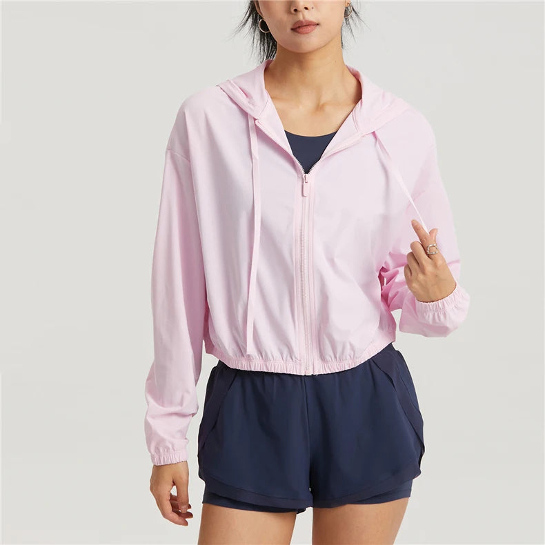 Summer Style Sun-proof Sports Jacket Long Sleeve With Hat Causal Wear Skin Friendly Breathe Freely Women Tops Pink