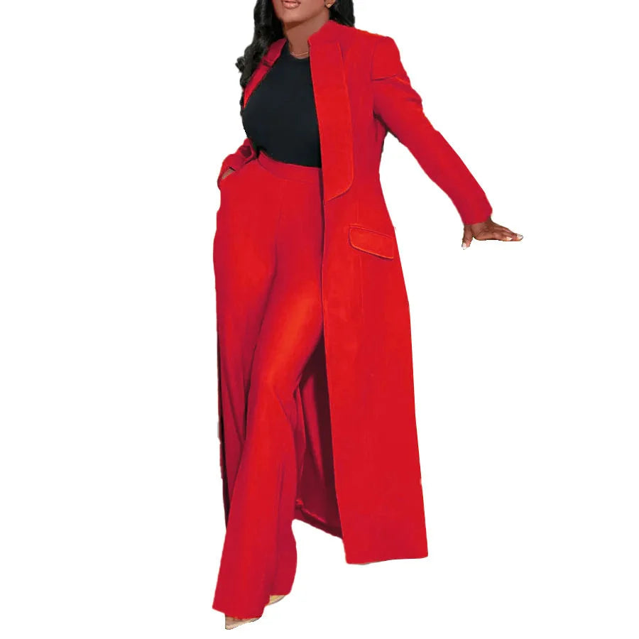 CM.YAYA Women's Set Full Sleeve X-Long Blazer Coat+ Long Pant Suit 2025 Spring Streetwear Two 2 Piece Set Africa OL Work Outfits Red