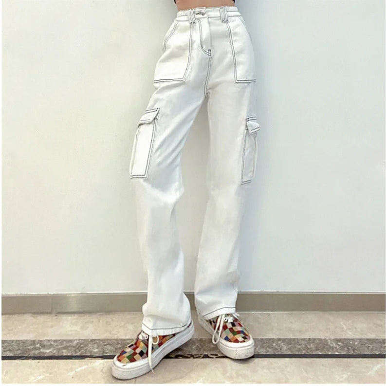 High Waisted Jeans Fashionable Loose Fit High Waist Straight Leg Jeans with Multiple Pockets for Women Baggy Jeans WHITE