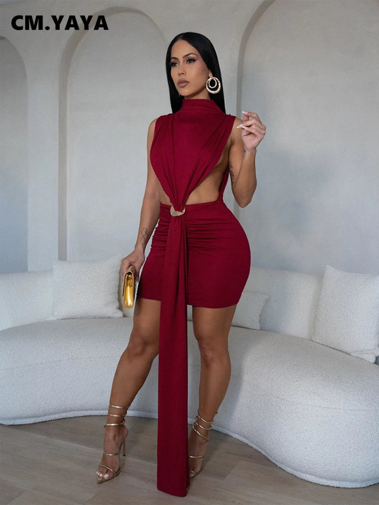CM.YAYA Women O-neck Ruched Stacked Bodycon Midi Mini Dress 2025 Summer Birthday Evening Party Club Vestidos Sexy Chic Dresses