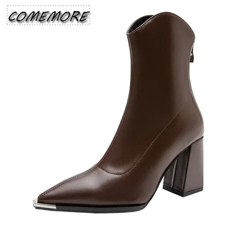 Winter High Heels Sexy Women Luxury Shoes Chunky Ankle Chelsea Boots Fashion New Pointed Toe Zipper Goth Pumps Black Brown