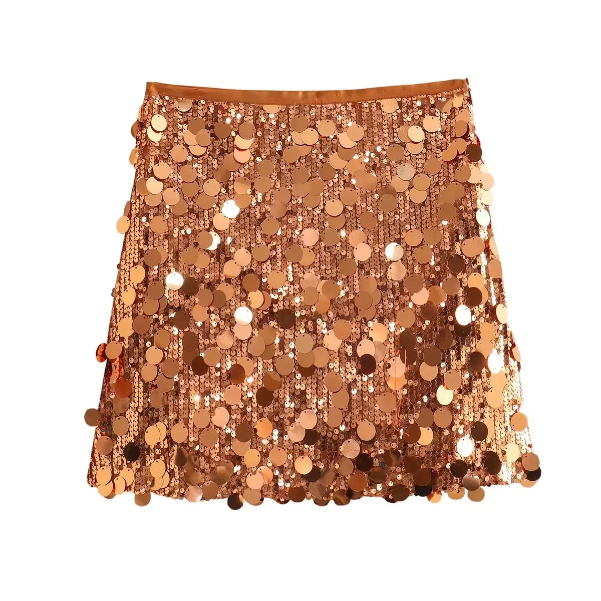 TRAFZA Women New Fashion Y2K Shiny Sequin Skirt Female Elegant High Waist Mini Skirts Casual Woman Sexy Chic Party Skirts gold