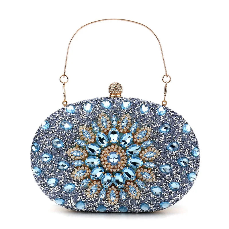 Diamonds Purple Color Women Evening Bags Flower Rhinestones Egg Design Fashion Female Clutch Handbags YM3108ligt blue