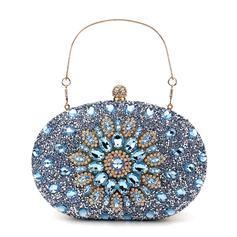 Diamonds Purple Color Women Evening Bags Flower Rhinestones Egg Design Fashion Female Clutch Handbags YM3108ligt blue