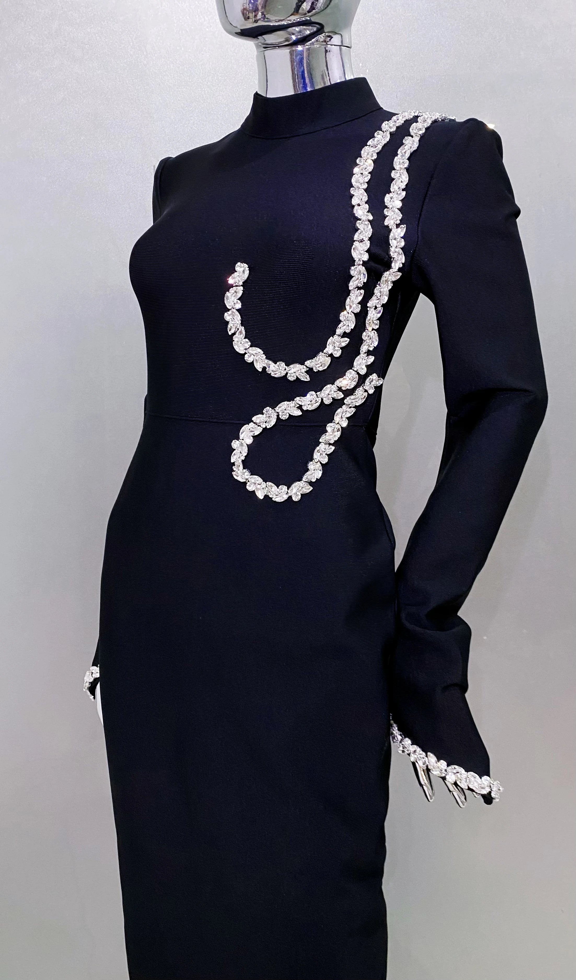 High Quality Shining Diamonds Half High Collar Black Long Bandage Dress Elegant Woman Evening Party Dress Cocktail Party Outfit