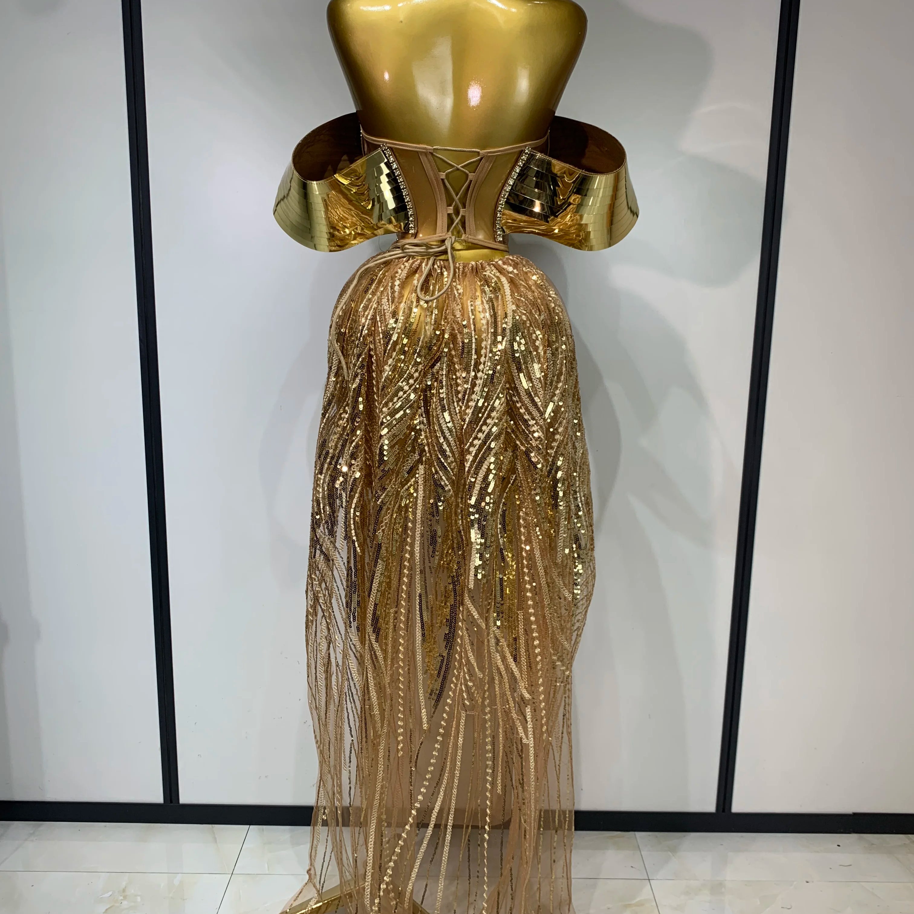 Sparkly Gold Long Dress Luxury Rhinestone Sequins See Thourgh Birthday Gown Sexy Off Shoulder Performance Singer Costume