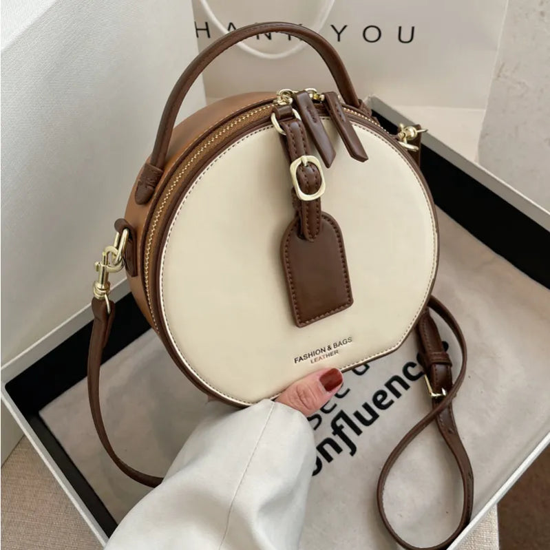 Brand Designer PU Leather Women's Handbag Blocco retrò Borsa rotonda.