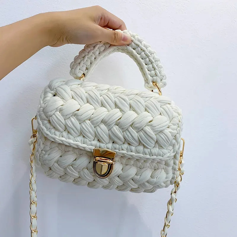 DIY Knitted Handbag Wallet Fashion Rope Woven Ladies Handbag Designer Casual Chain Shoulder Messenger Bag Beige