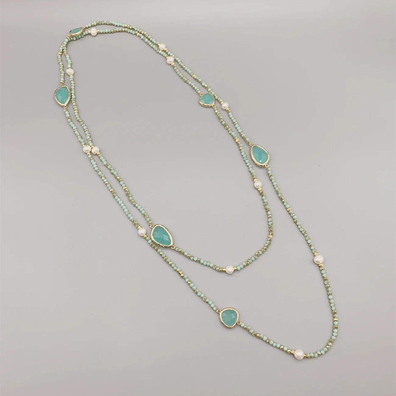 Faceted Cut Irregular Aqua Quartz Long Necklace With 5-6mm White Freshwater Pearls 2mm Crystals And Hammered Gold Beads 50 Inch