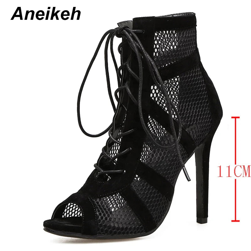 Black Mesh Women's Boots Fashion Peep Toe Lace-up High Heels Women Transparent Ankle Boots Female Sandals Pumps Dress 11CM-Black