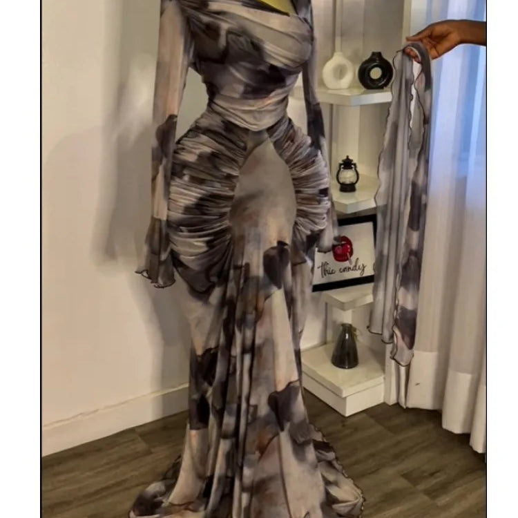 CM.YAYA Women Tie Dye Printed Skew Neck Flare Long Sleeve Ruched Stacked Maxi Long Dress 2025 Summer Birthday Sexy Party Dresses Color03