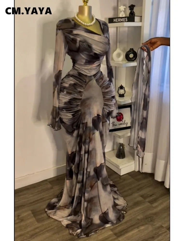 CM.YAYA Women Tie Dye Printed Skew Neck Flare Long Sleeve Ruched Stacked Maxi Long Dress 2025 Summer Birthday Sexy Party Dresses Color03