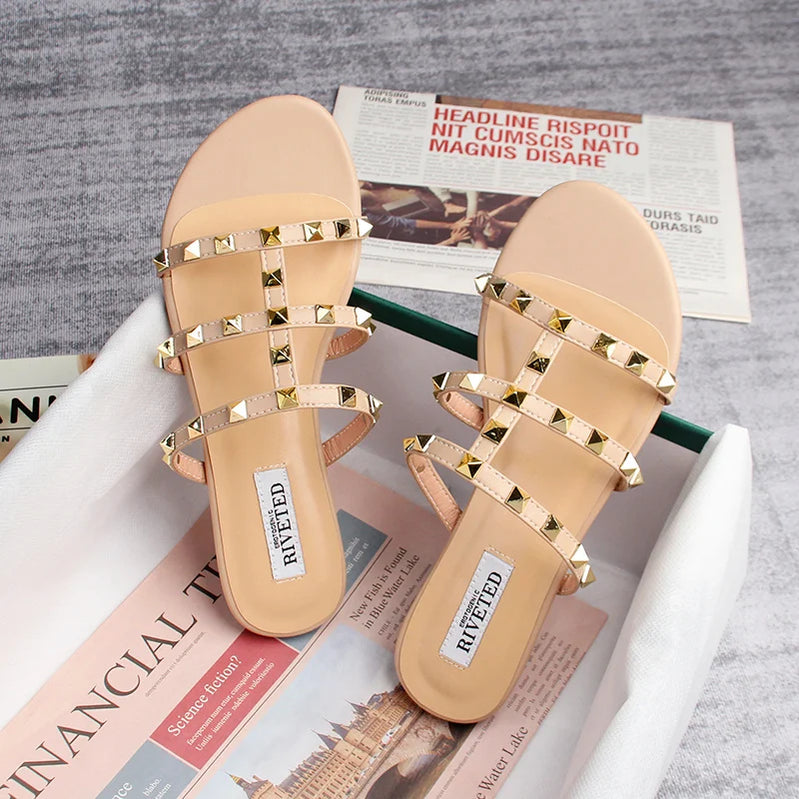 summer women's sandals ladies casual slippers flat shoes simple style Fashion rivet design walking and shopping Large size