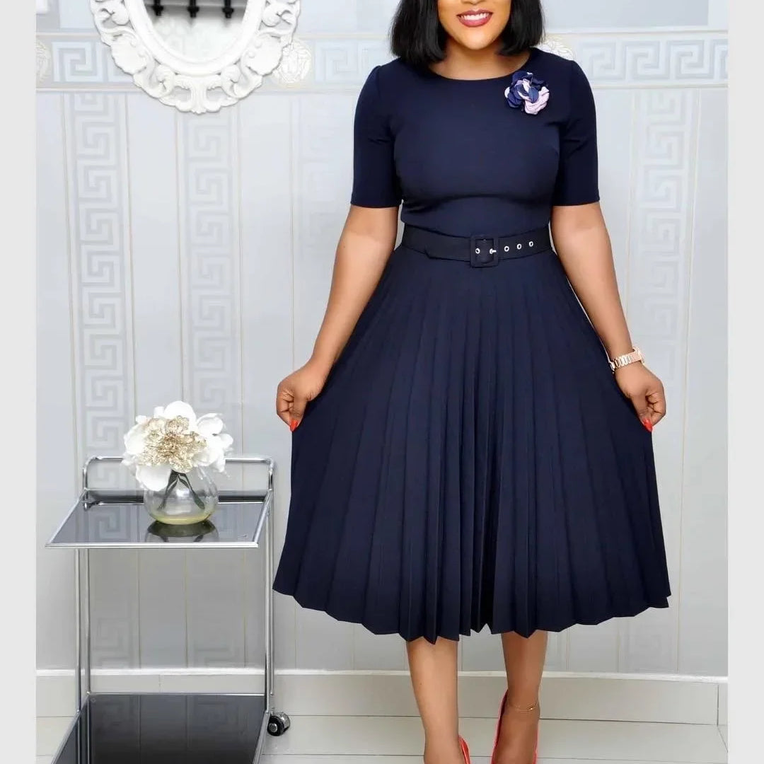 CM.YAYA Summer Midi Pleated Dress Short Sleeve Office Lady Africa Sashes Women High Waist Elegant Dresses Vestidos