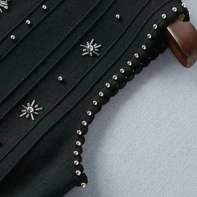 Ailigou New Summer Women's A-line Black Sleeveless Beaded Sexy Elastic Knitted Mini Dress Elegant Celebrity Party Dress
