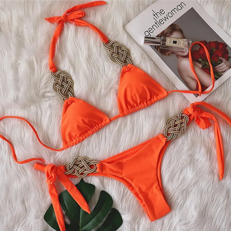 Sexy Hand Knitted Bikini Push Up Swimwear Women Brazilian Bikini Swimsuit Halter Biquini Two Pieces Bathing Suit Orange