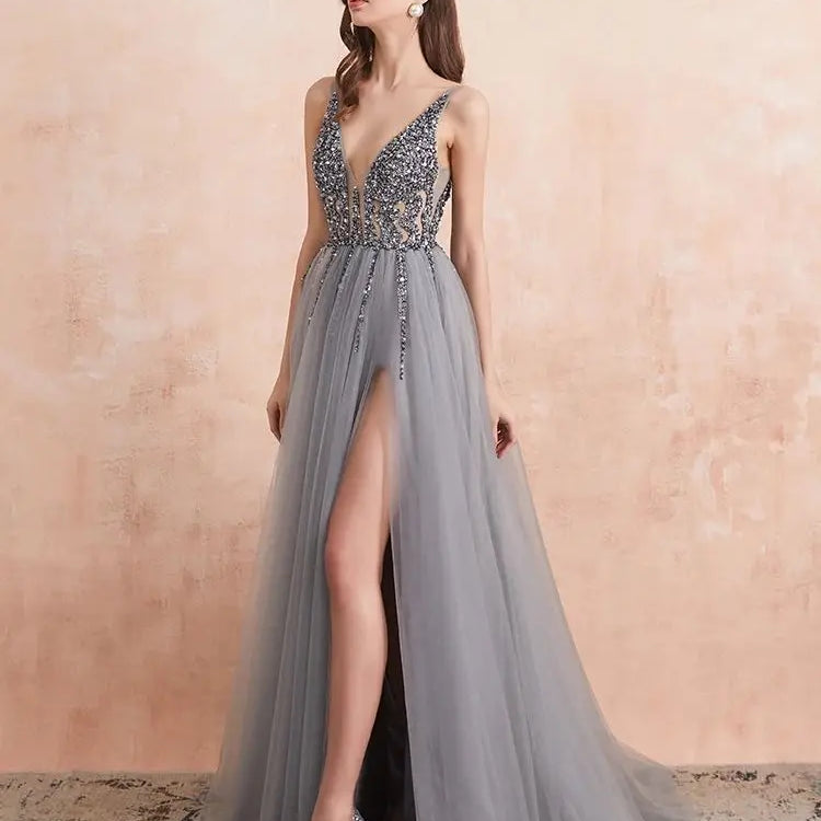 Sexy V Neck Evening Dresses for Women Dark Gray Crystal Beaded Beads Backless Formal Prom Gown dark gray