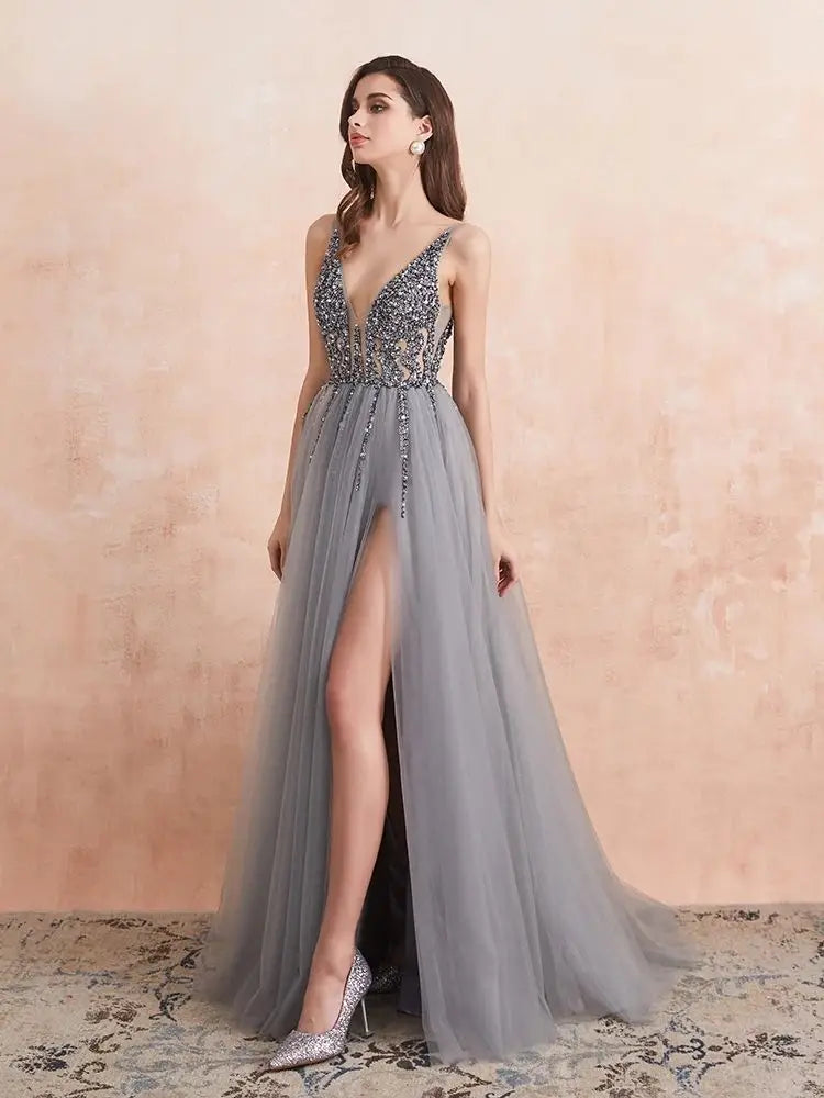 Sexy V Neck Evening Dresses for Women Dark Gray Crystal Beaded Beads Backless Formal Prom Gown dark gray