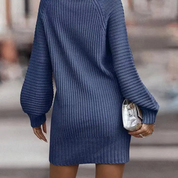 Vintage Winter Knitted Dress Ladies Chic Turtleneck Lantern Long Sleeve Sweater Dresses for Women Autumn Sexy Slim Pencil Dress