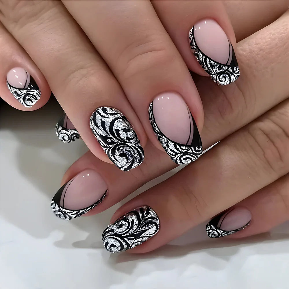 24Pcs Solid Black Short False Nails with Rose Pattern Design Ballerina Square Artificial Full Cover Press on Nail Tips for Girls