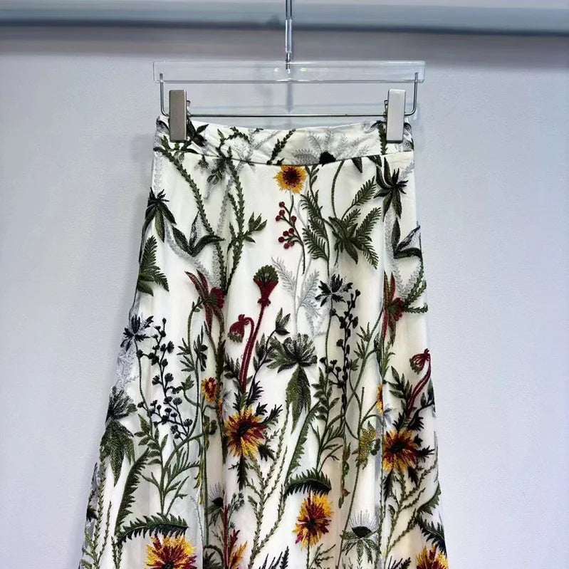 Top Quality New Long Skirts Spring Fashion Designer Women Elastic Waist Allover Luxurious Embroidery Sexy Tulle Mesh Skirts