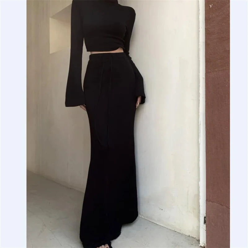 New Year's Red Robe Retro Women Girl Half High Neck Top and High Waist Long Skirt Two Piece Set Autumn Dress Sets black