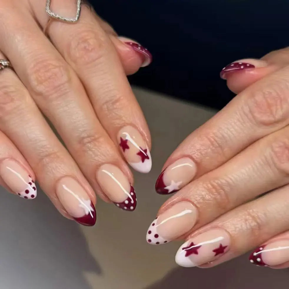 24Pcs Short Round Head False Nails Leopard Print French Star Pearl Press on Fake Nails Reusable Artificial Full Cover Nails Tips