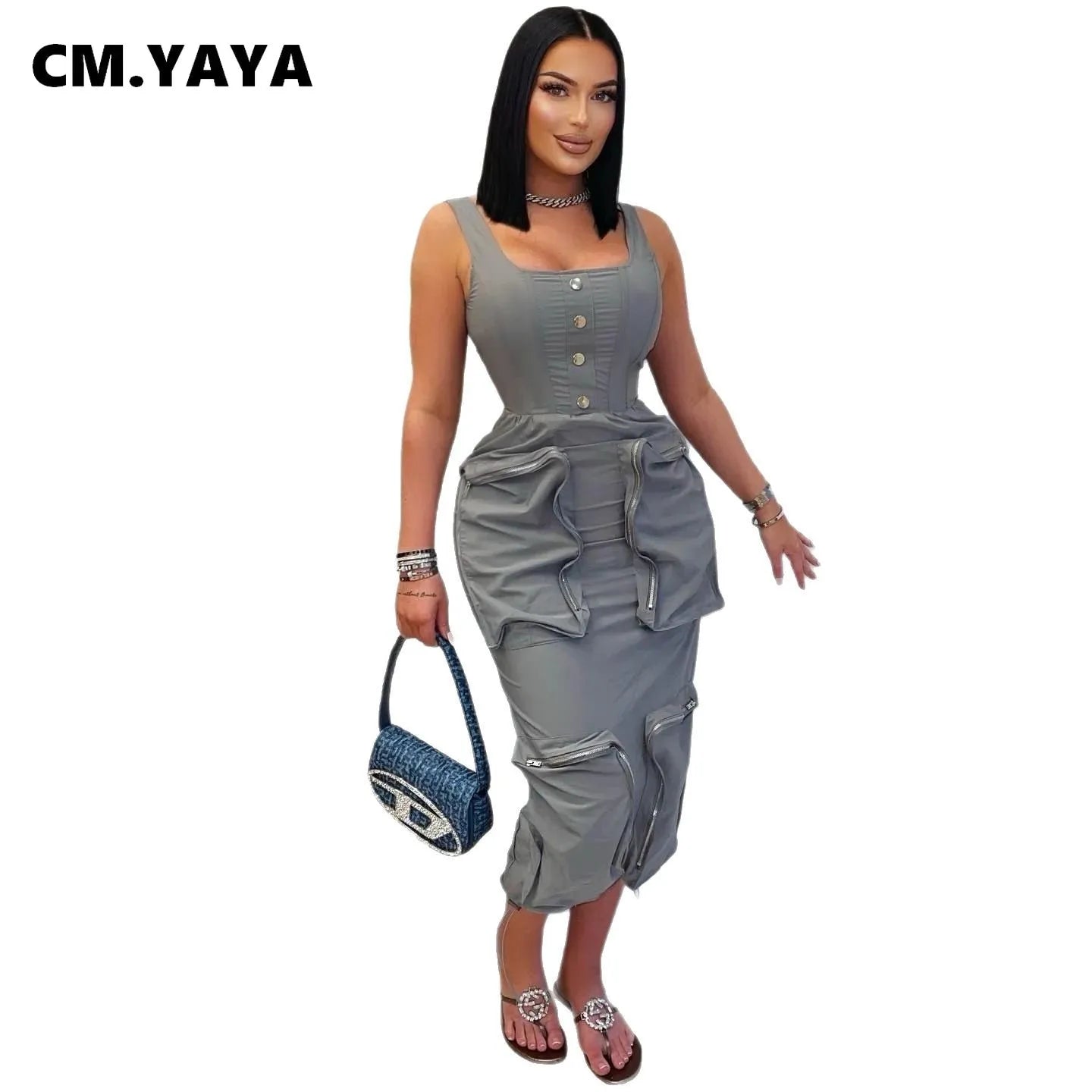 CM.YAYA 2025 Summer O-neck Mult Pockets Cargo Midi Long Dress Women Sleeveless Casual Bodycon Night Club Party Dresses Vestidos