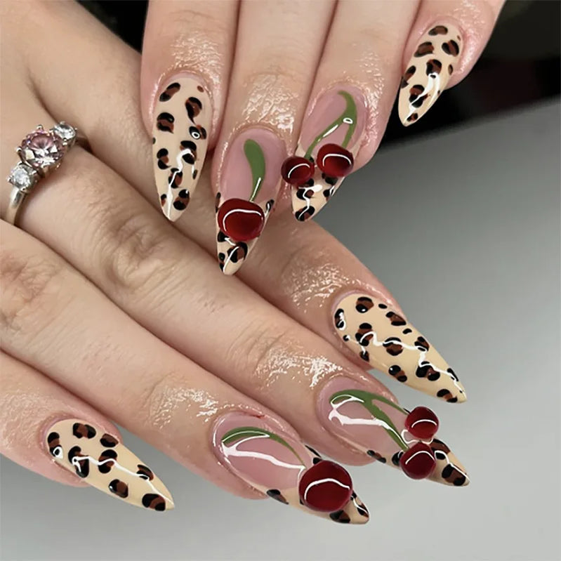 24Pcs Long Stiletto Press on Nails Simple French Leopard Print Design False Nails Reusable Artificial Full Cover Fake Nails Tips
