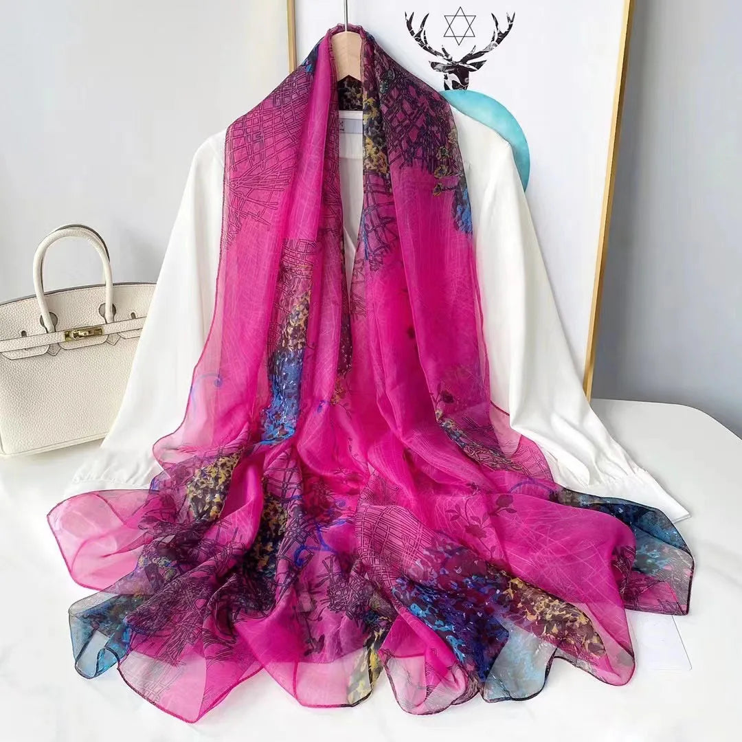 Print Silk Scarf Hijab Women Spring Deisgn Soft Beach Stoles Elegant Head Scarves Echarpe Shawl Satin Large Wrap Echarpe Bandana see chart 15
