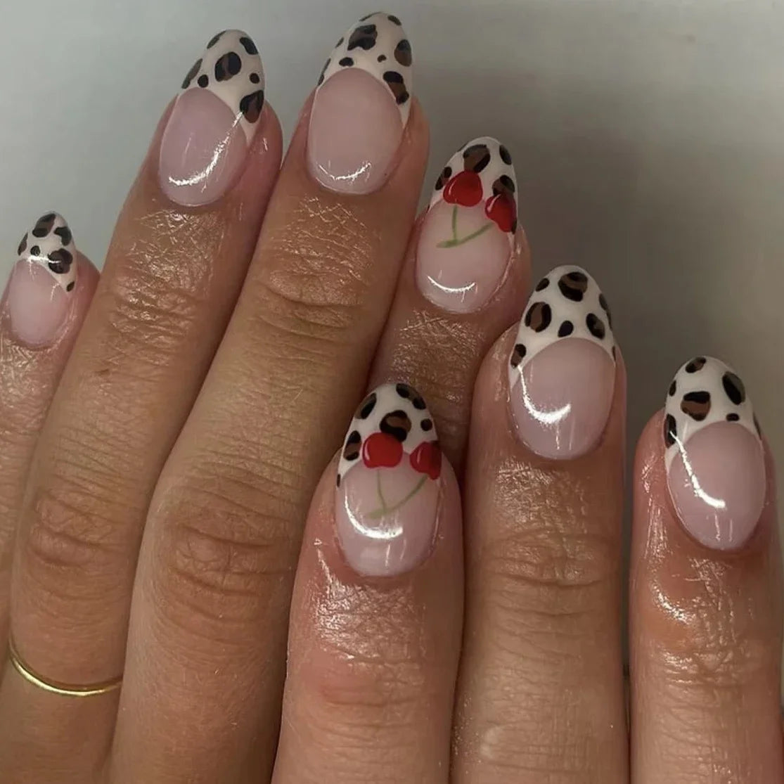 Cherry Leopard Print Almond Fake Nails Art Ballet Pointed False Nails Charms Flower Star Love Heart Press on Nails Manicure Tool