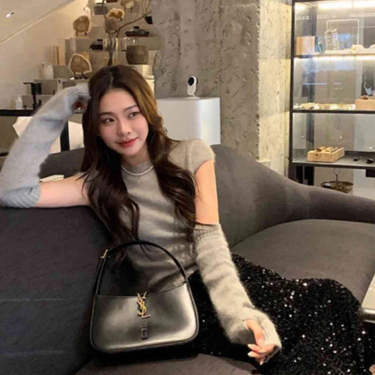 HOUZHOU Long Sequin Skirt Women Autumn Korean Elastic Waist Elegant Back Split Slim A-line Skirt with paillettes Evening Party