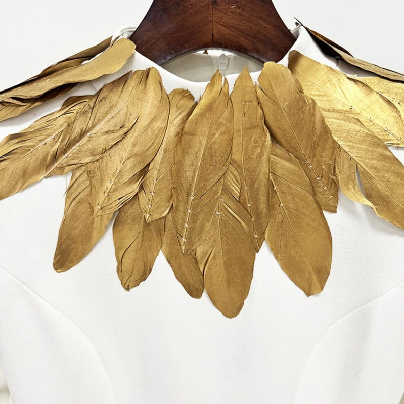 TWOTWINSTYLE Hit Color Slimming Spliced Glod Feathers Dresses for Women High Neck Long Sleeves Temperament Dress Female Fashion