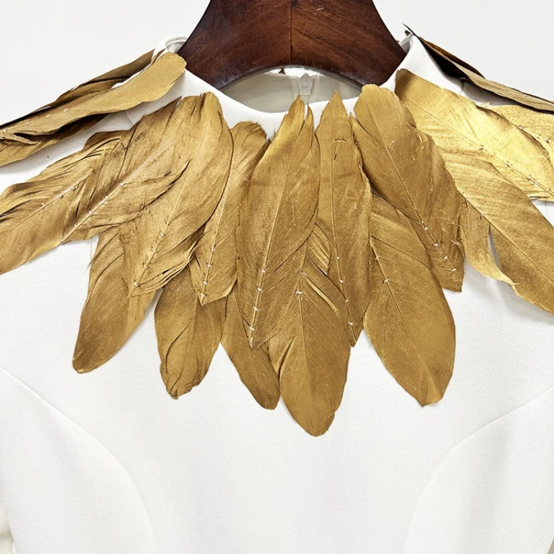 TWOTWINSTYLE Hit Color Slimming Spliced Glod Feathers Dresses for Women High Neck Long Sleeves Temperament Dress Female Fashion