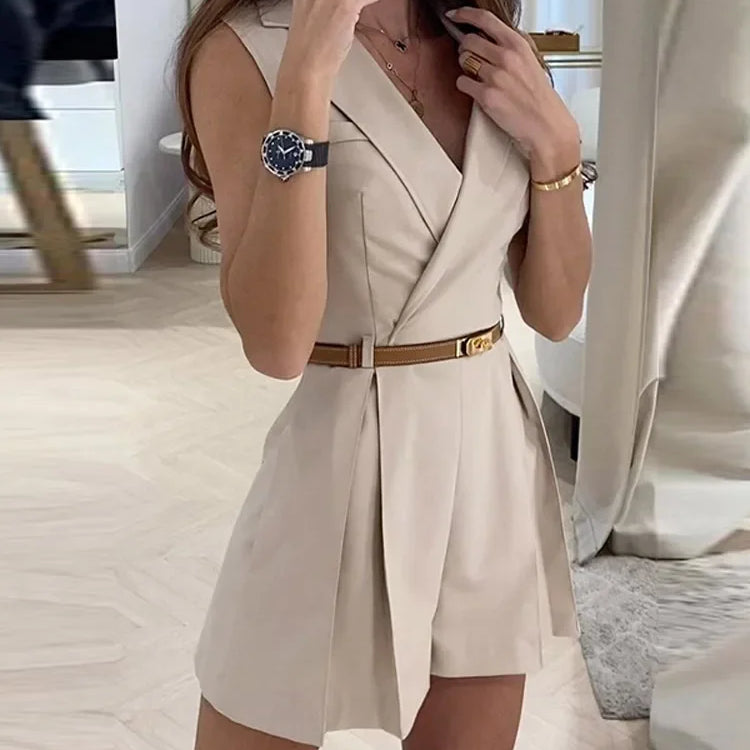 Elegant Women's Jumpsuit With Belt Fashion Sleeveless Turndown Collar Slim Short Jumpsuits Female Sping Summer Lady Romper