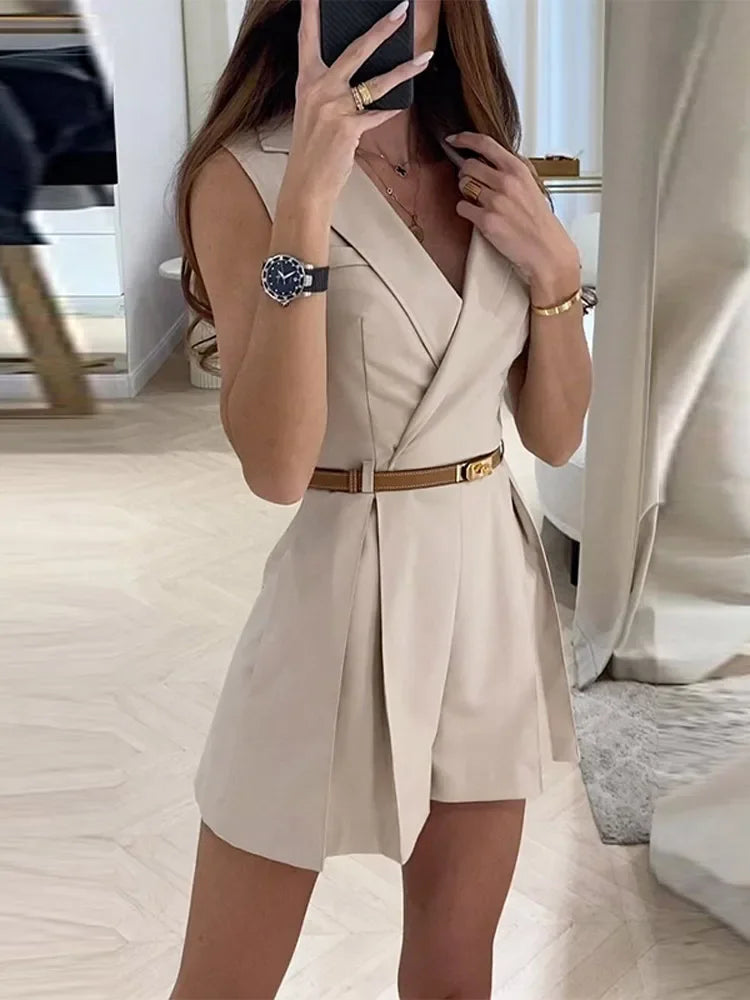 Elegant Women's Jumpsuit With Belt Fashion Sleeveless Turndown Collar Slim Short Jumpsuits Female Sping Summer Lady Romper