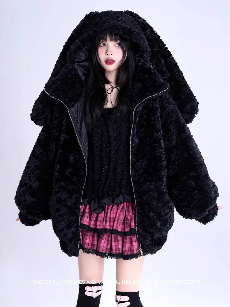 Autumn Winter Sweet Cute Lovely Warm Thick Soft Black Faux Fur Coat Women Bunny Ears Fuzzy Fluffy Jacket Hoodie 2023 Black