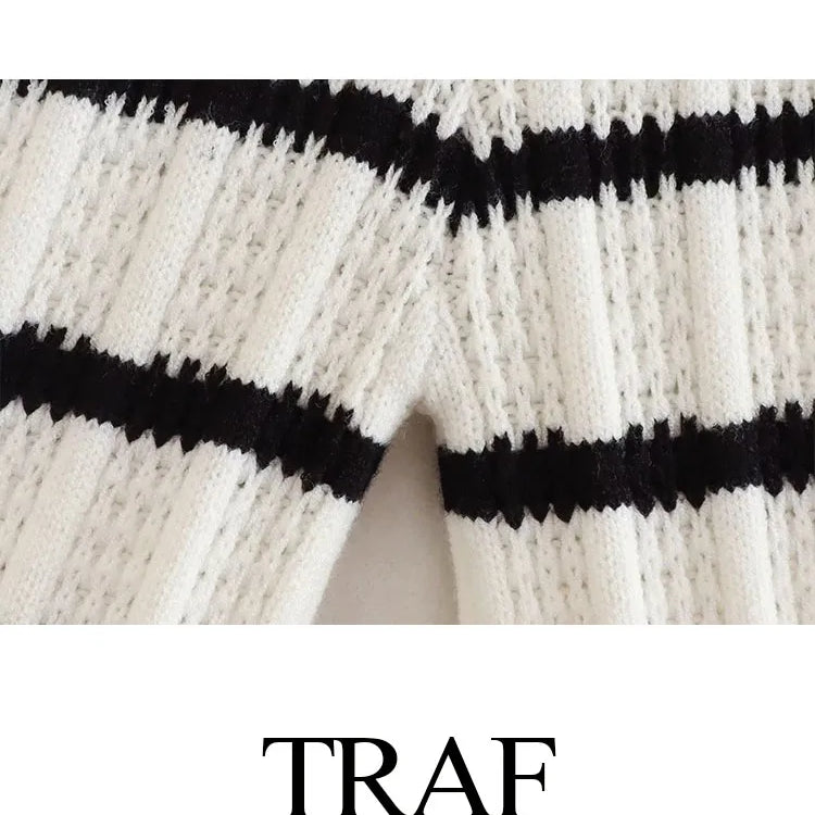 TRAF Women Fashion Summer 2 Pieces Set Black And White Striped V-Neck Lace-Up Tops+Knitted High Waist Wide Leg Pants Female Suit