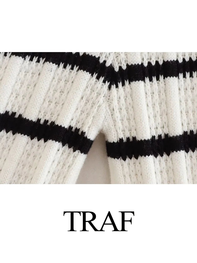 TRAF Women Fashion Summer 2 Pieces Set Black And White Striped V-Neck Lace-Up Tops+Knitted High Waist Wide Leg Pants Female Suit