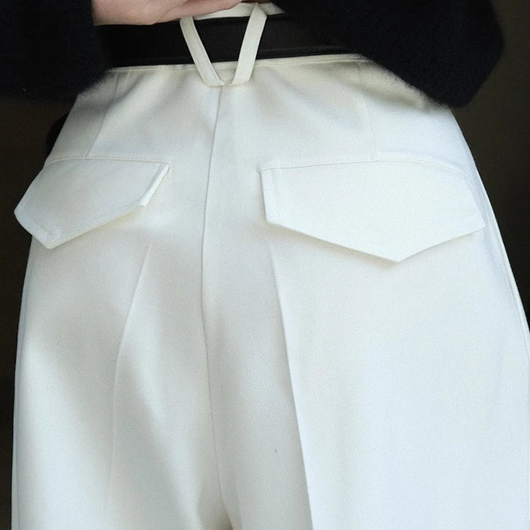 [LANMREM] Korean Style Pleated White Pants For Women High Waist Wide Leg Trousers Casual Loose Clothing Spring New 26D8719