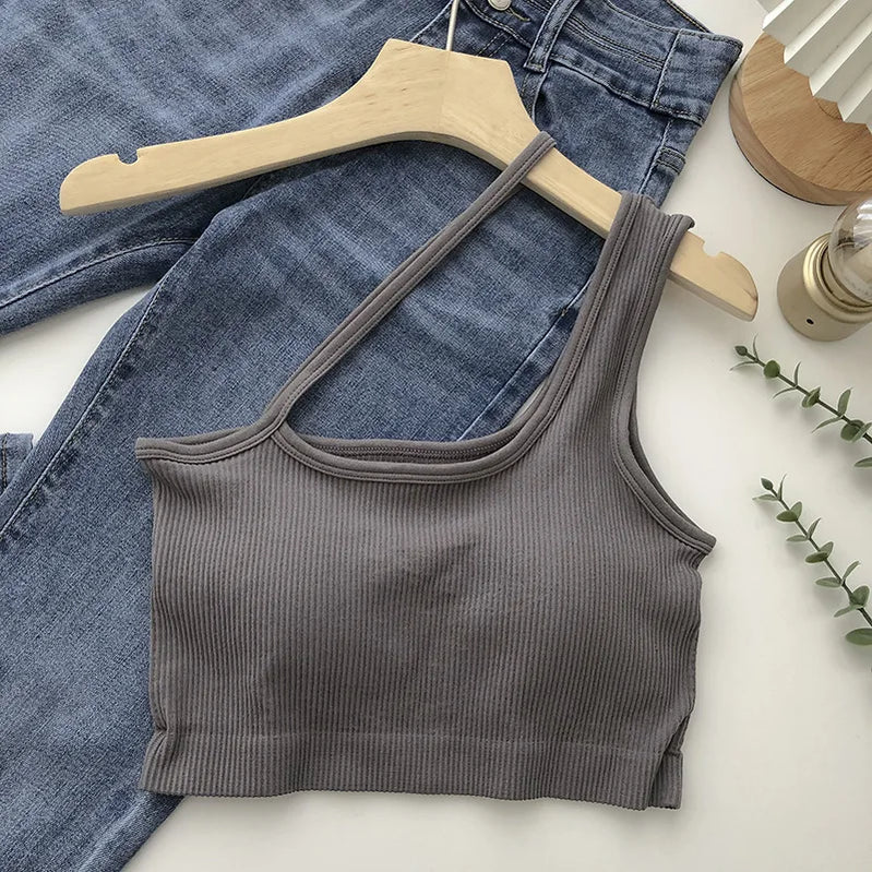 Sexy Tops for Womens Crop Top Woman Solid Color Tank Top Oblique Shoulder Sleeveless Camis Tank Tops for Women Ladies Slim Vest GRAY One Size