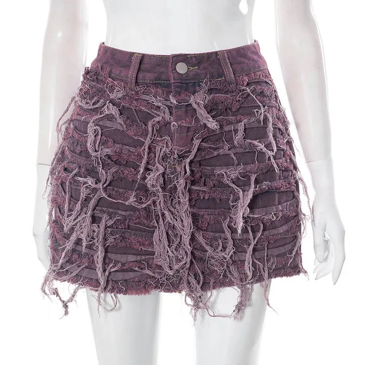 Women's Denim Skirt Do Old Solid Color Burrs Tassel Slim High Waist Short A-line Mini Skirt Autumn Fashion Purple shirts