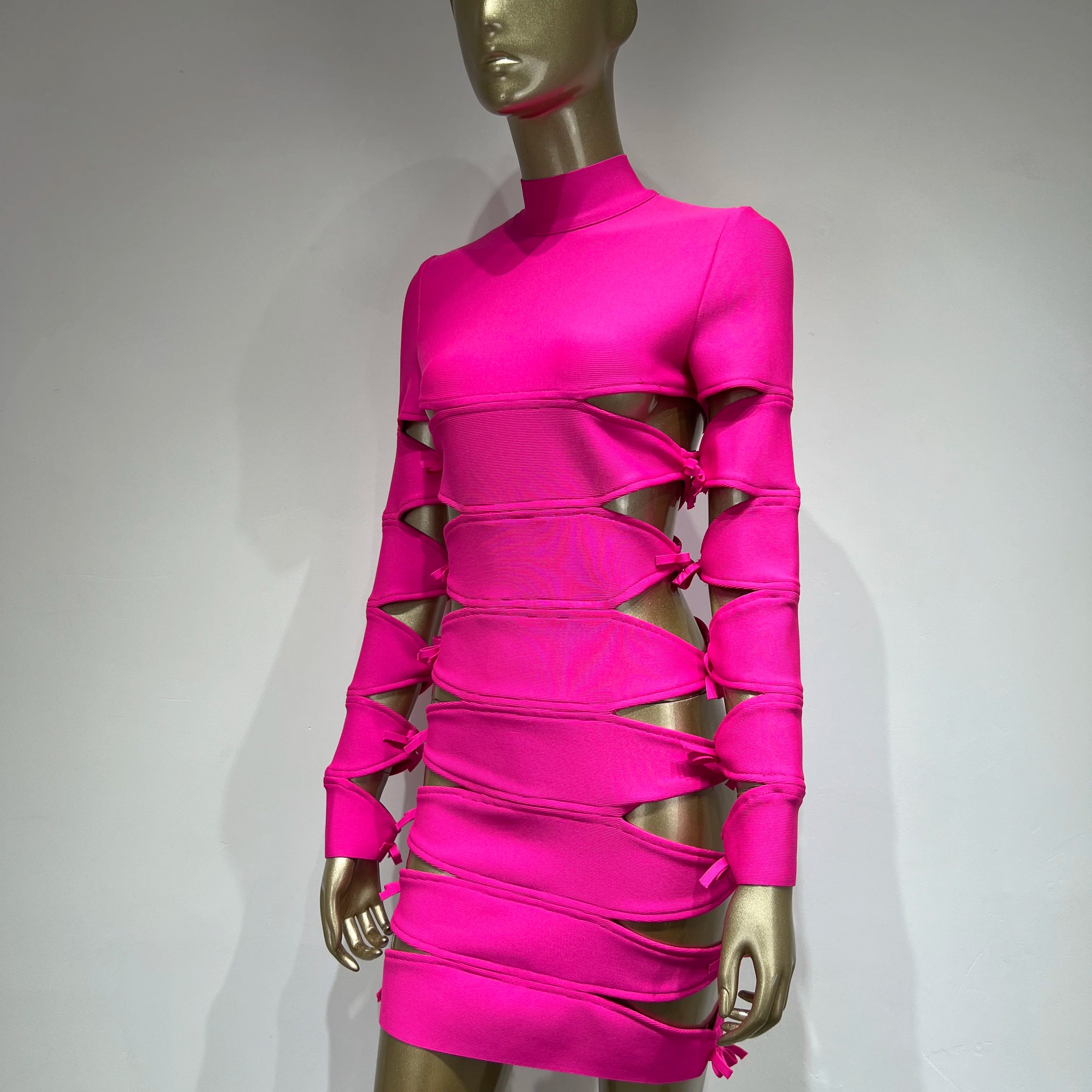 Autumn Fashion Women Sexy Long Sleeve Hollow Out Pink Bow Tie Mini Bandage Dress 2023 Elegant Evening Club Party Dress
