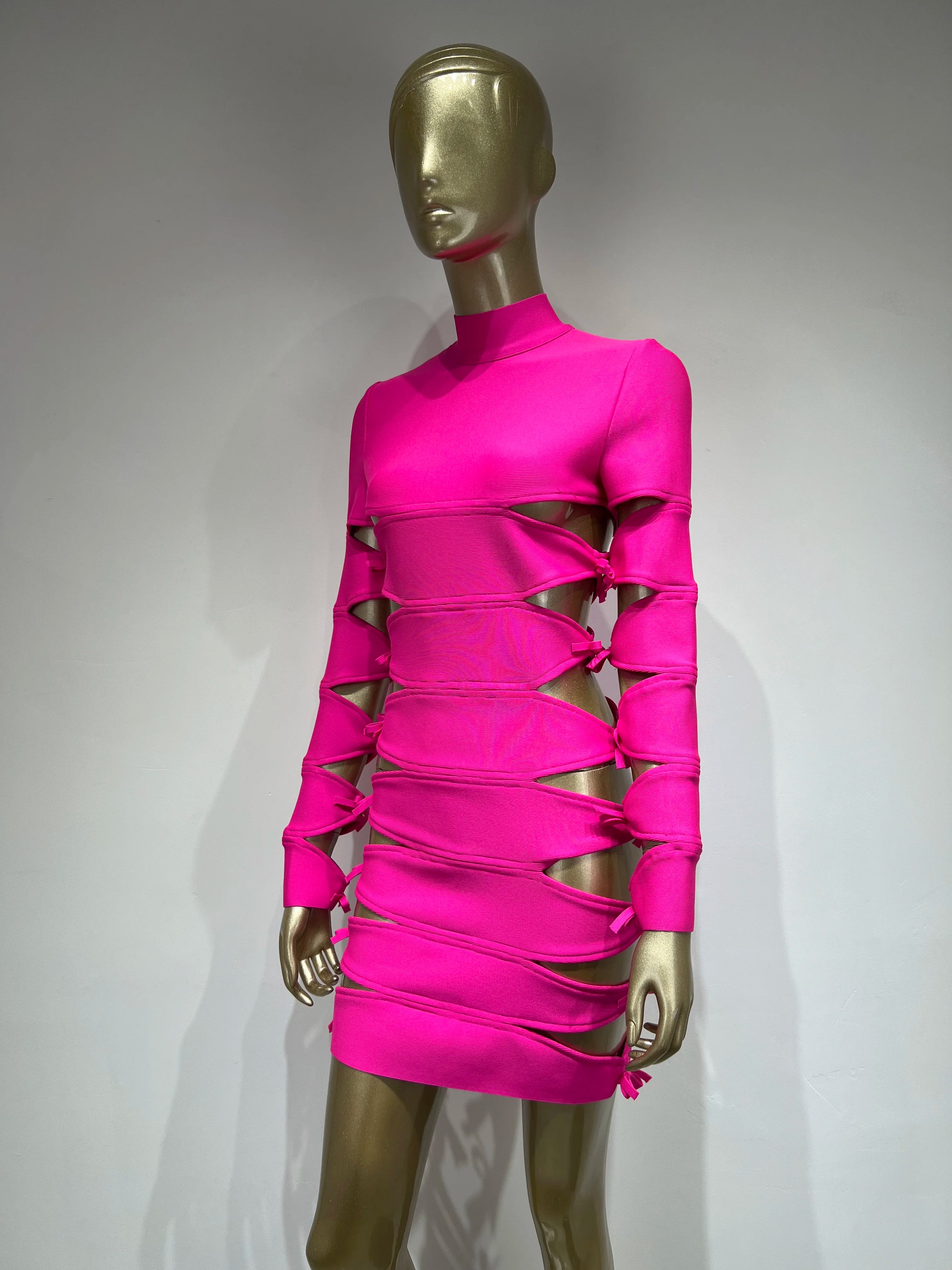 Autumn Fashion Women Sexy Long Sleeve Hollow Out Pink Bow Tie Mini Bandage Dress 2023 Elegant Evening Club Party Dress