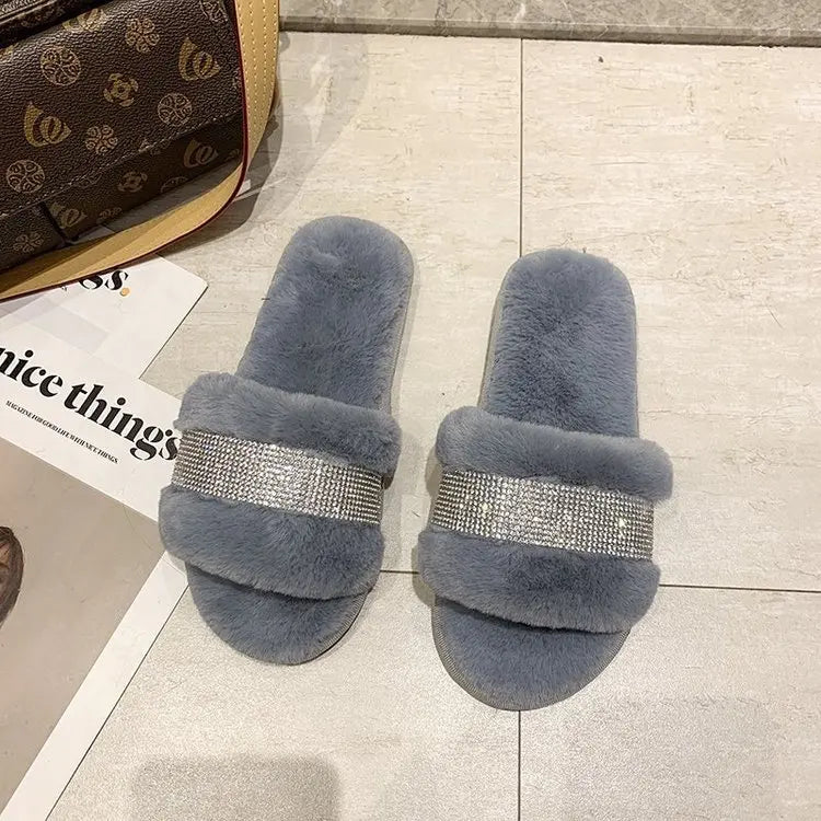 Winter Luxury Rhinestone Women Warm Fur Slippers Cozy Fluffy Furry Slides Crystal Flat Indoor Design Home Shoes Ladies 43