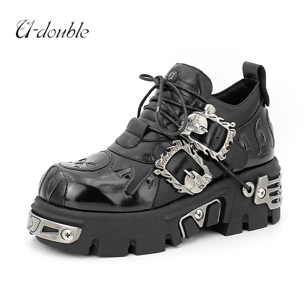 Men and Women Vintage Rock Pare Zapatos Nuevos botas retro de cuero oscuro Botas retro Diseño de nicho de metal Unisex Single Platform Zapatos