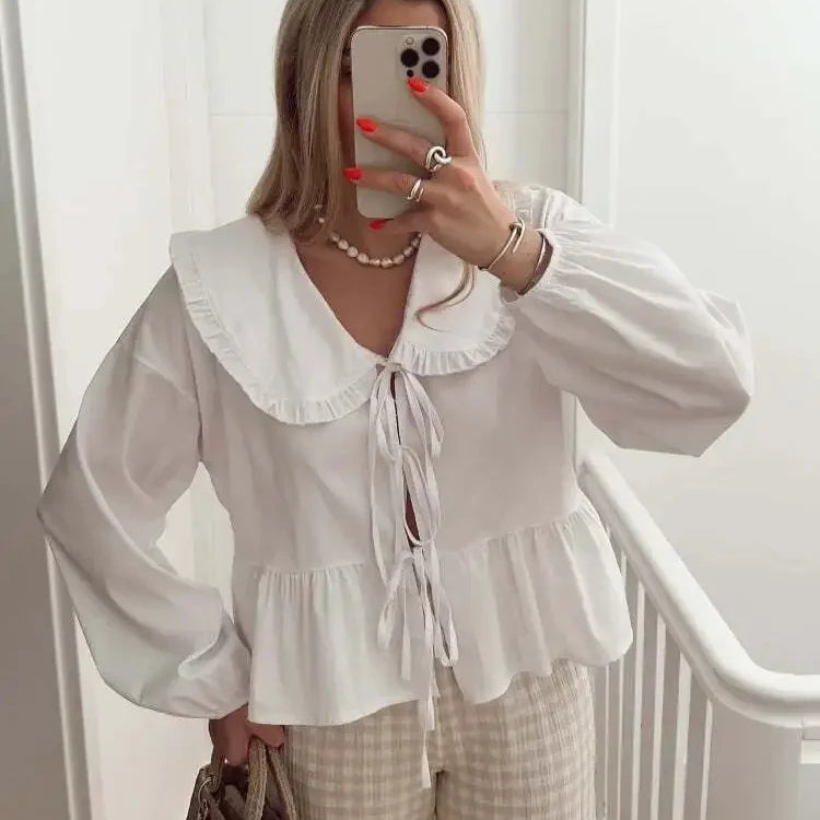EDSA Women Elegant Ruffles Shirt Summer Blouse with Peter Pan Collor Lantern Sleeves Bow Buttons Sweet Soft Top