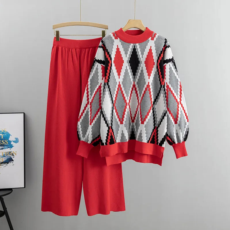 Printing Thick Warm O-neck Argyle Pullover Sweater Wide Leg Pants Autumn Winter Two Piece Set Womens Streetwear Loose Pants Sets