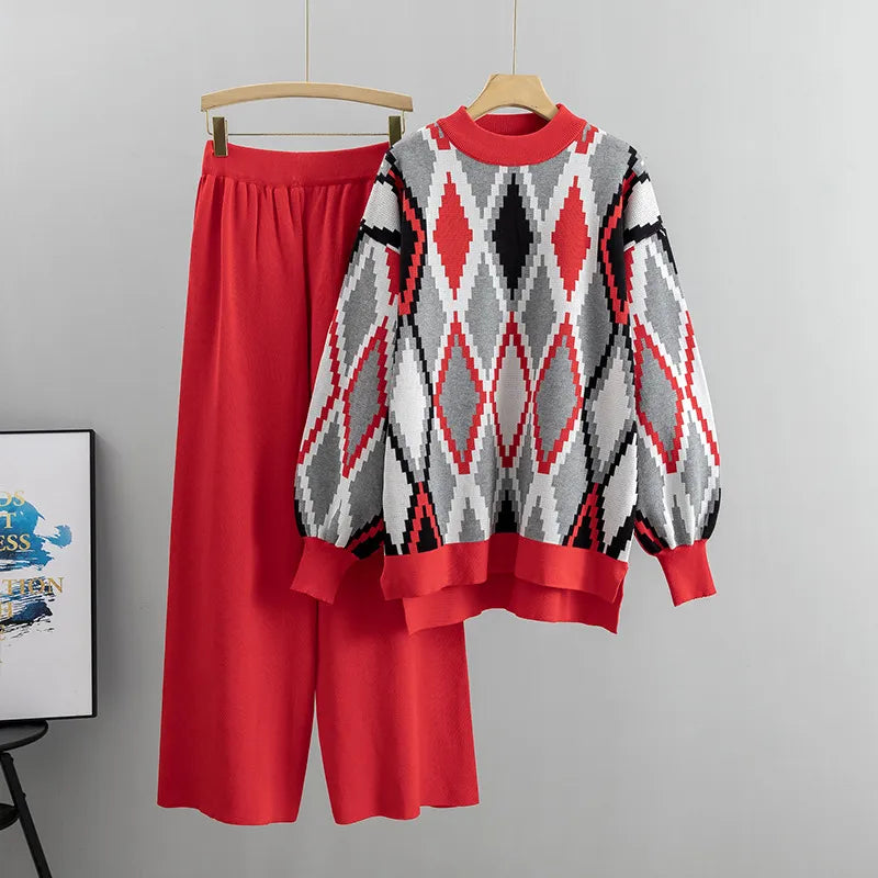 Printing Thick Warm O-neck Argyle Pullover Sweater Wide Leg Pants Autumn Winter Two Piece Set Womens Streetwear Loose Pants Sets